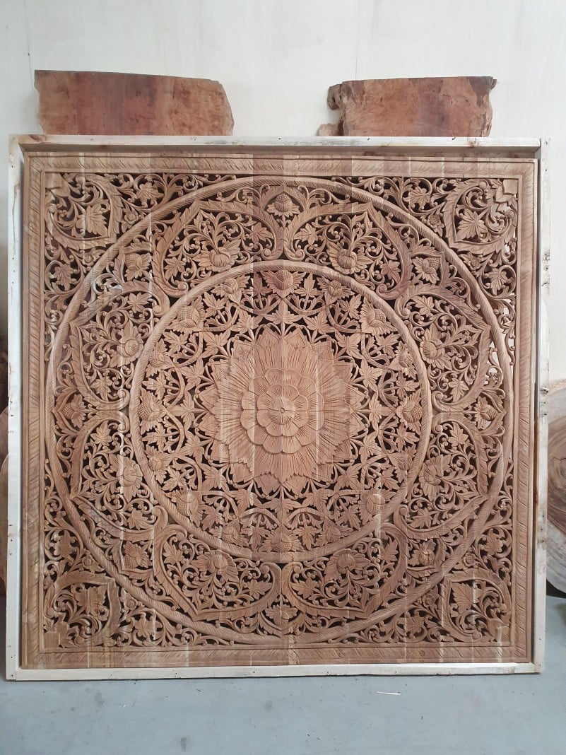 hengel regiment Kilimanjaro Groot Formaat Teak Houtsnijwerk Mandala Wanddecoratie Handgemaakt 180x180 |  Lotus Art